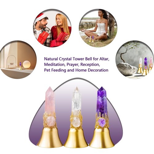 Super Loud Solid Brass Handbells Altar Bells Natural Amethyst Tower Bell Chimes Witch's Bells Hand Percussion Instruments Call Bells for Meditation Prayer Reception Pet Feeding and Home Decoration