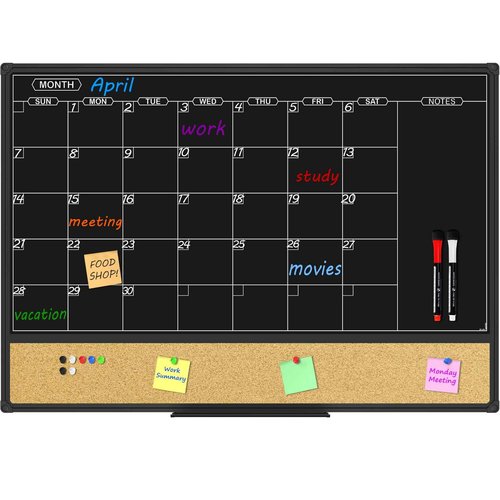 JILoffice Magnetic Black Calendar Dry Erase Board & Bulletin Board Combo, 36 x 24 Inch Dry Erase Board for Liquid Chalk Markers, Black Aluminum Frame for Office Home and School with 10 Push Pins