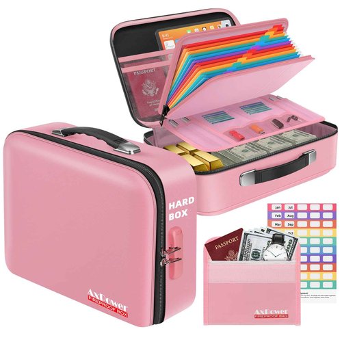 Fireproof Document Box Hard Case With Lock, Multi-Layer Fire Proof Water Resistant Safe Box File Organizer Bag With Small Money Bag for Important Documents Passport Certificates Laptop (Pink)