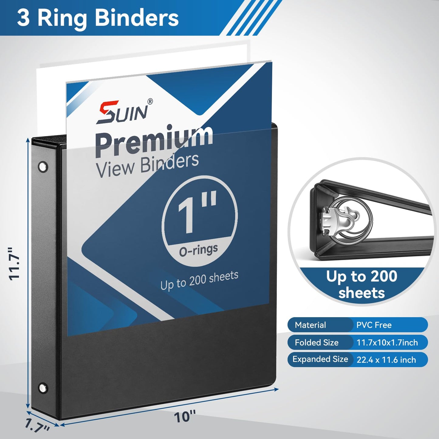 SUIN 1-inch 3 Ring Binder with 2 Interior Pockets, 1''Durable Binders Holds US Letter Size 8.5'' x 11'' Paper - Versatile Binders for Office, Home, and School Use, 6 Pack Black
