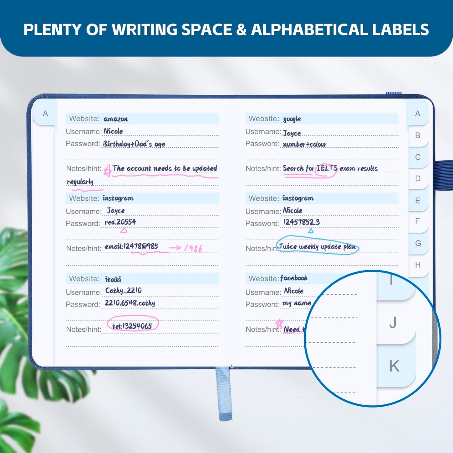MOSA BEAR Password Keeper Book with Alphabetical Tabs，4.3"x5.7" Small Password Books for Seniors Password Notebook for Internet Website Address Log in Detail（Dark Blue）