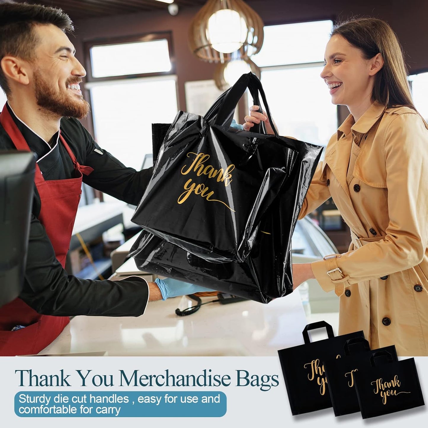 Teling Thank You Merchandise Bags - 200 Pcs Bulk with Handles | 3 Sizes: 9x12'', 12x15'', 15x18'' (Black)