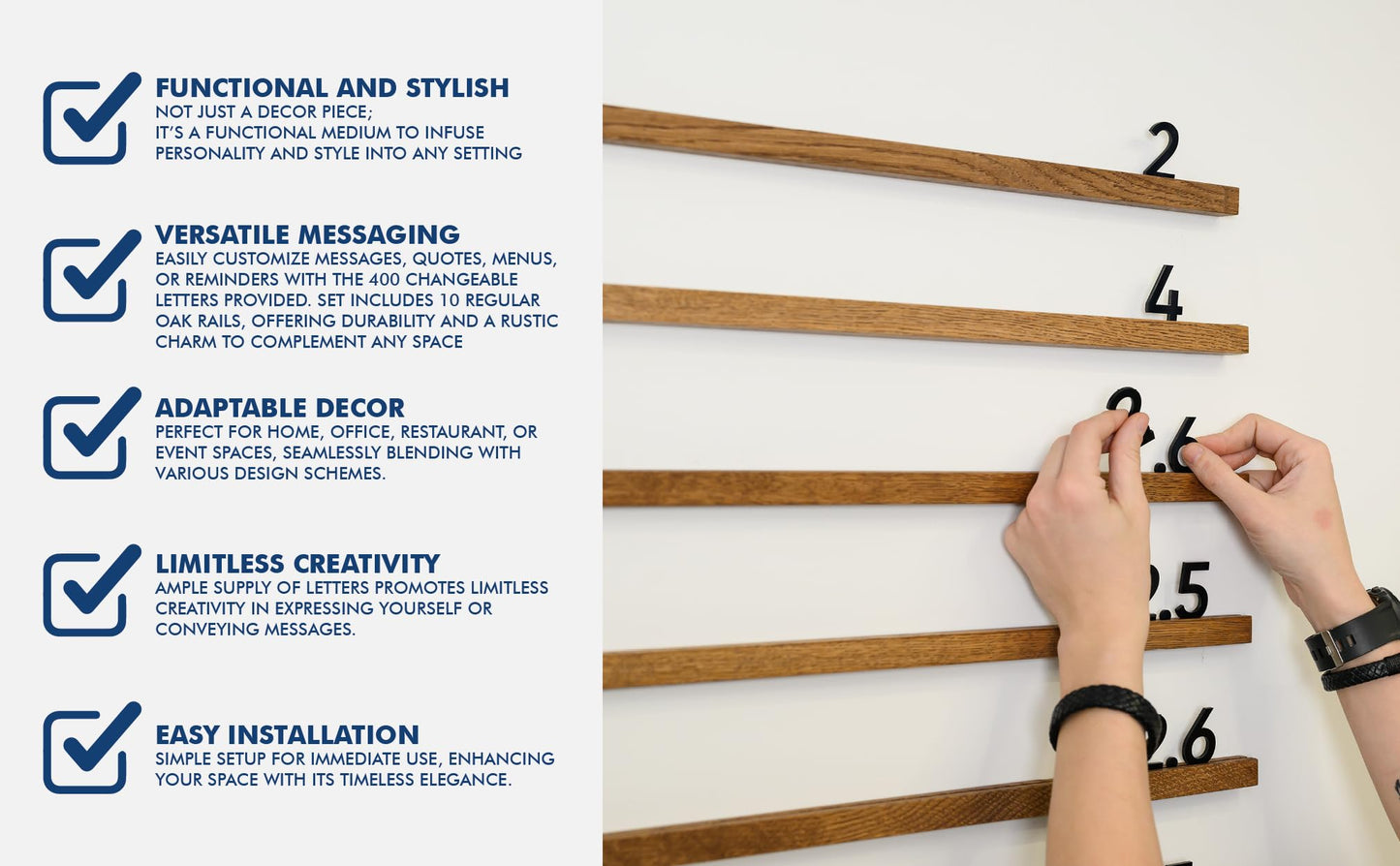 Inko Horeca Wooden Wall Menu Board - 10 Oiled Oak Rails + 400 Black Letters - Changeable Letter Shelf Display for Cafe, Restaurant & Home Decor
