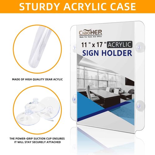 CiaoHER Acrylic Window Sign Holder 11 x 17, Clear Acrylic Frames Glass Window Mount Advertising Signage Sign Holder with 4 Suction Cups for Mall, Office, Home, Restaurant, Vertical （2 Pack）
