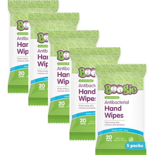 Boogie Antibacterial Hand Wipes - Alcohol-Free & Hypoallergenic Aloe, 100 Total Wipes (5 Packs of 20)