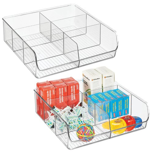 mDesign Plastic Home Office Wide Bin Organizer with 6 Compartments for Cabinets, Closets, Drawers, Desks, Tables, Workspace - Staple, Notepad, Paperclip Holder - Ligne Collection - 2 Pack - Clear
