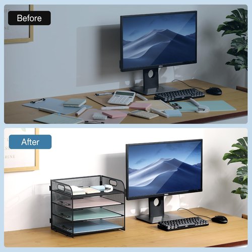 NCXTKJ 4-Tier Mesh Letter Tray Paper Organizer, Desk File Organizer with Handle - Black