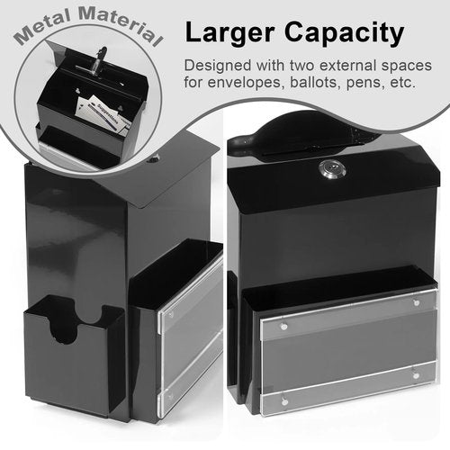 SAMYUCHO Suggestion Box with Magnetic Sign Holder, Metal Donation Boxes with Lock and Slot, Prayer Drop Ballot Raffle Tip Jars Wall Mounted Box for Fundraising Churches Offices School Black