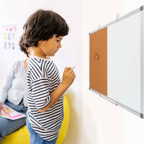 Comix Cork Board Magnetic Dry Erase Board Combo, 24 x 18 Inches Whiteboard and Bulletin Board Combination, Aluminum Frame Vision Board with 4 Dry Erase Markers, 4 Magnets, Eraser, Push Pins