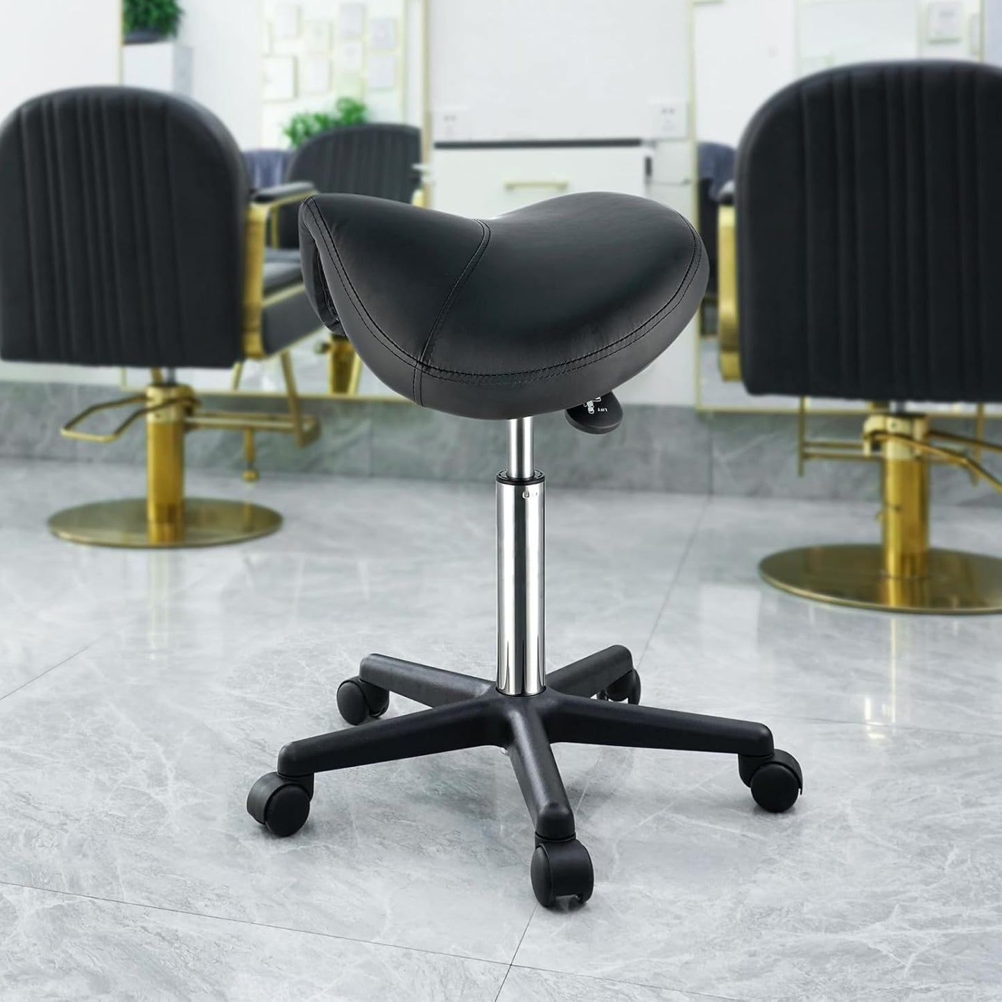 VEVOR Saddle Stool - Height Adjustable Swivel Chair with Wheels | 400 LBS Capacity, Black PU Leather