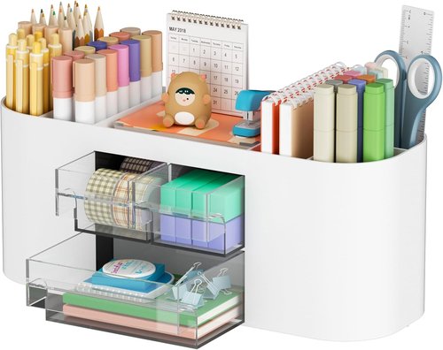 Marbrasse Desk Organizer - Multi-Functional Pen Holder with 3 Drawers & 7 Compartments | White