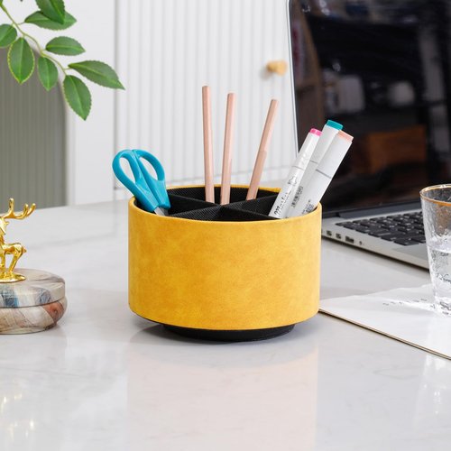 LINKWELL Remote Control Holder For Table, 360 Degree Spinning Desk Organizer For Bedside Night Stand, TV Remote Caddy with 4 Compartments, Office Rotating Pen Holder Yellow PH126