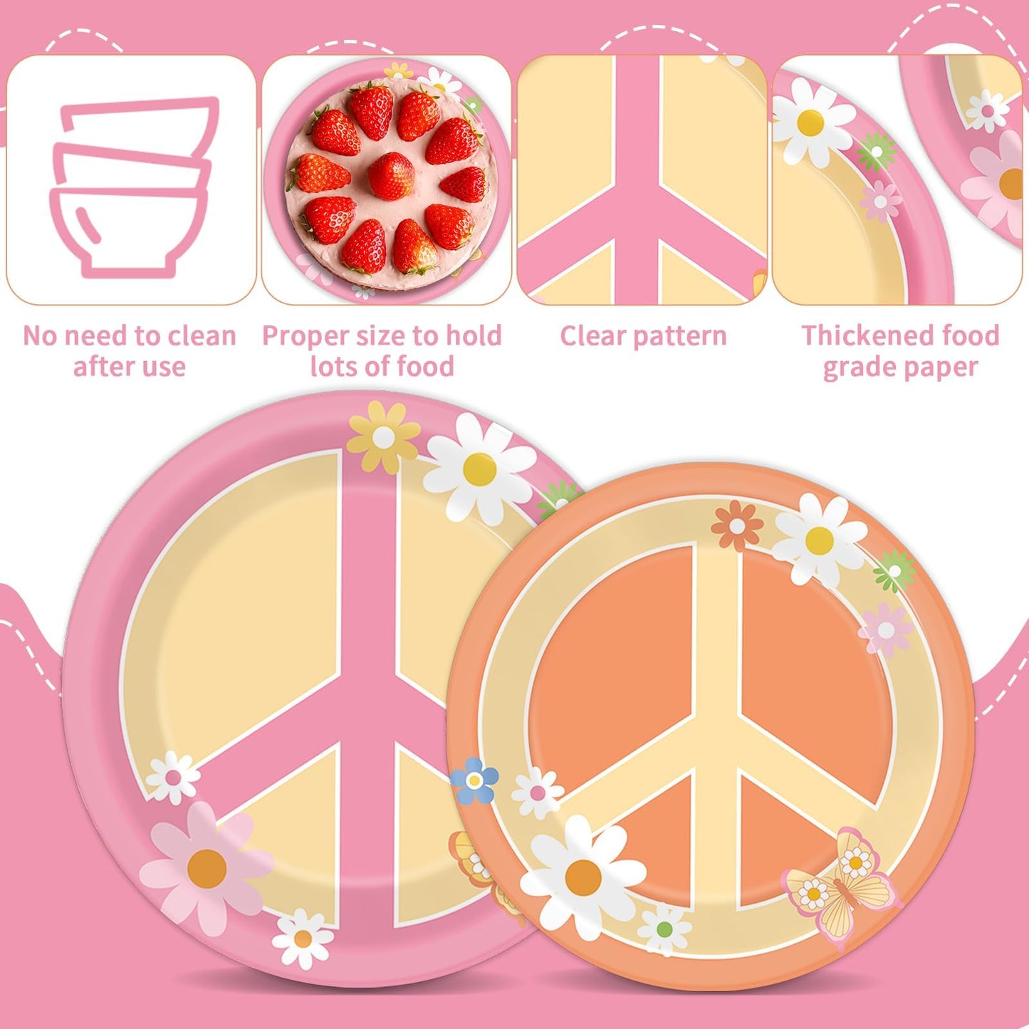 96 Pcs Groovy Birthday Party Supplies for 24 Guests Hippie Peace Sign Tableware Plates Napkins 60's 70's Two Groovy Retro Dinnerware Table Decorations Hippie Party Favor for Birthday Baby Shower Decor