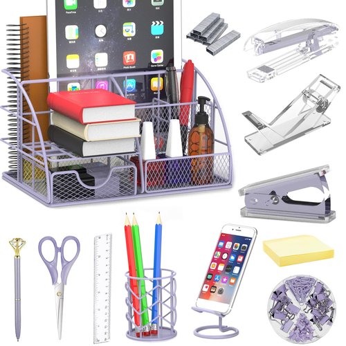 YOLOZAI Purple Office Desk Organizers,Purple 13PCS Office Supplies and Accessories Desk organizer, Acrylic Stapler, Staple Remover, Clips, Scissor, Phone Holder, Pen, Pen Holder, Tape Dispenser