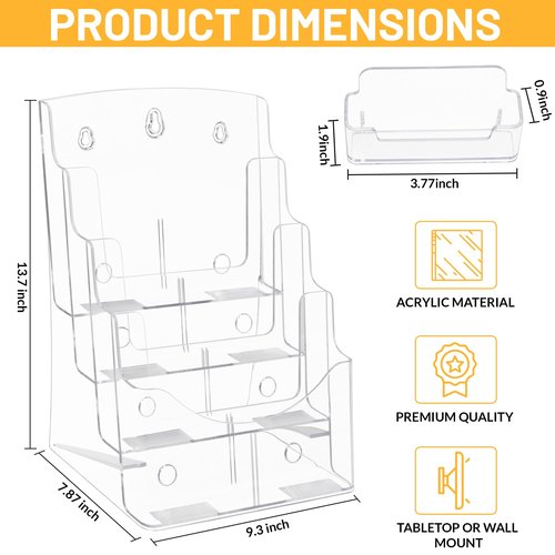 SafeWayss Acrylic Brochure Holder 8.5 x11”, 4 Tier Clear Literature Magazine Stand with Removable Divider for 4 x 9 Pamphlet Display Brochure with Business Card Holders- Wall Mount & Countertop