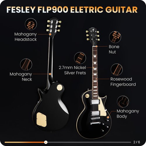 Fesley LP Electric Guitar with Arched Top:39" Solid Body Electric Guitars with Mahogany Body and Rosewood Fretboard,Electric Guitar with Humbucker Pickups, Guitarra Eléctrica with Alice String,Black