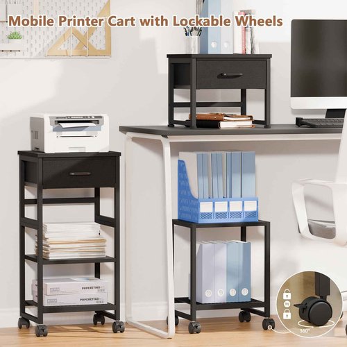Korfile Printer Stand with Storage, Small Rolling Printer Table for Home Office, 3-Tier Printer Cart with Wheels, Modern Industrial Nightstand with Drawer, Side Table for Living Room,Bedroom, Black