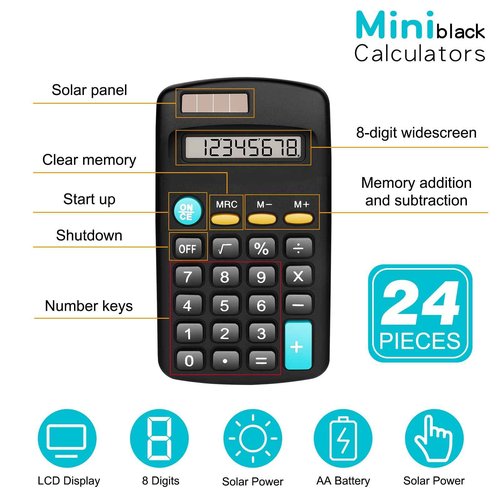 Riccioney 24 Pack Basic Mini Calculators - 8 Digit Display, Solar Battery & AC Power, Handheld for Office, School & Home