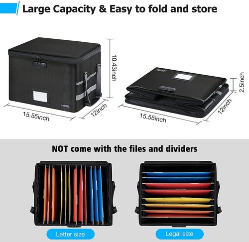 File Box with Lock - Fireproof Document Box File Organizer with Zipper & Adjustable Handle, Collapsible File Storage Box for Home Office, Filing Cabinet for Hanging Letter/Legal Folder