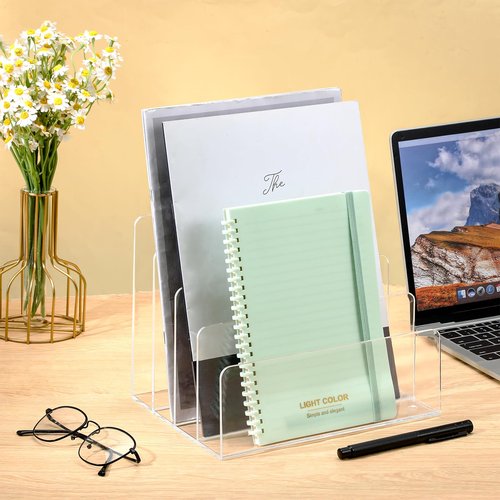 Hariendny 4 Compartments Acrylic File Organizer for Desk, Vertical Letter Holder, Mail Organizer Letter Holder, Acrylic Desk Organizer for Document, Notebook, Letter, 9" x 7" x 7"