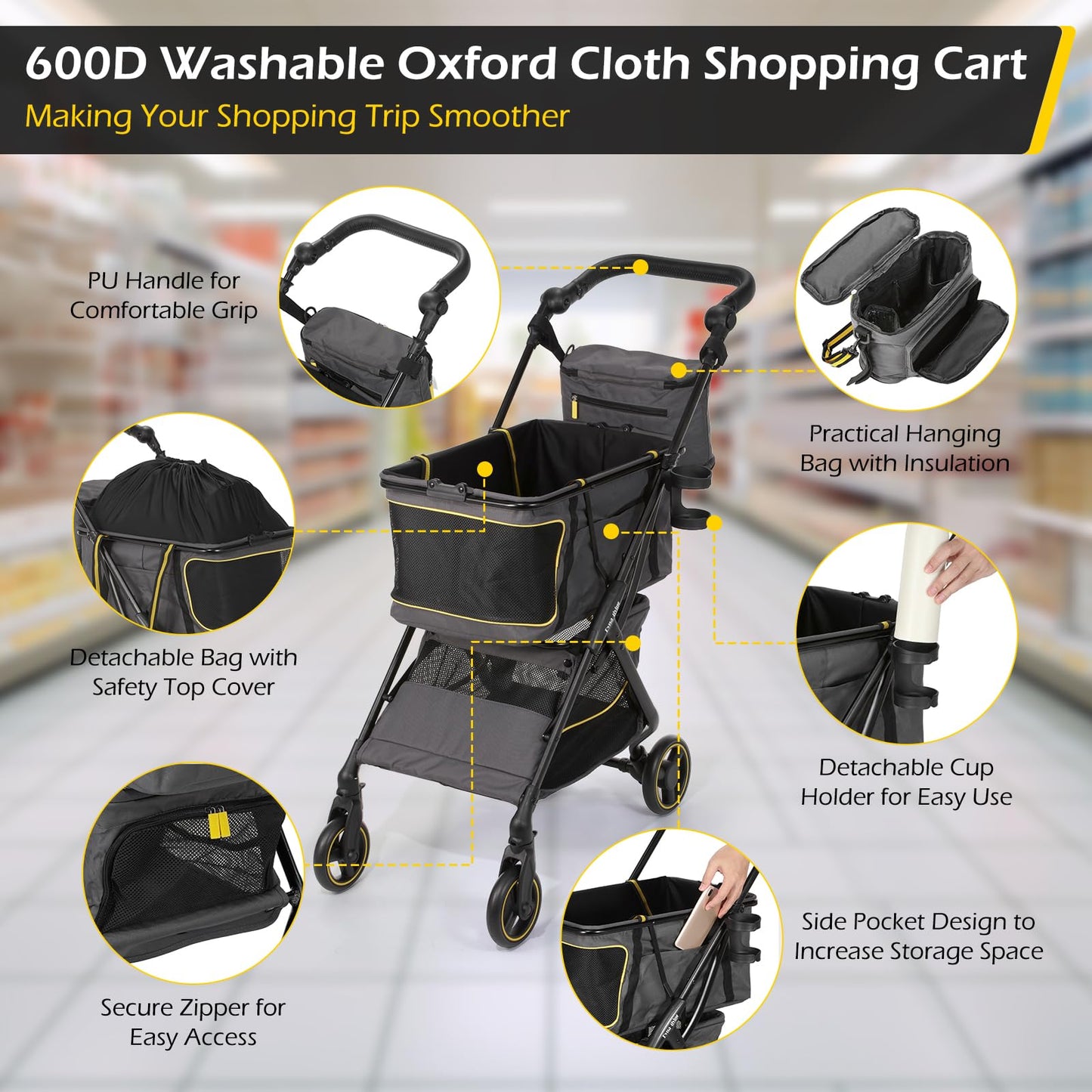 Dyna-Living Personal Folding Shopping Cart 70lbs Load-Capacity Foldable Shopping Carts for Groceries, Adjustable Handle, Lightweight Aluminum Frame Collapsible Shopping Stroller, 2-Tier