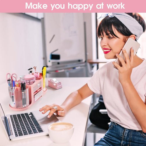 Pink Rotating Desk Organizer and Accessories,Office Supplies 360°Pen Holder with 3 Drawer and Tape Dispenser,Stapler,Staple Remover,Staples,Clips Set,Ruler,Scissor,Pen for Office School Home (Pink)