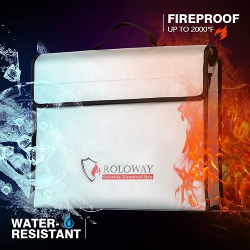 ROLOWAY Fireproof Document & Money Bags - Large Water-Resistant Safe Bag (15 x 12 x 5 in) for Cash, Valuables & Passport