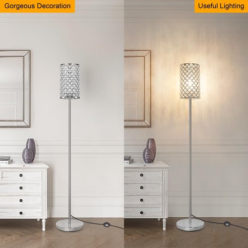 Crystal Floor Lamp, Modern Standing Lamp with Elegant Shade, LED Floor Lamp with On/Off Foot Switch Silver Finish Tall Pole Lamp Accent Lights for Living Room, Girl Bedroom, Dresser, Office (E26 Base)