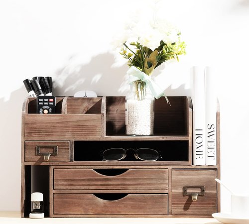 Executive Office Solutions Adjustable Wooden Desk Organizer For Desktop, Tabletop, Office or Counter – Wood Storage Shelf Rack For Office Supplies, Desk Accessories, or Mail – Brown