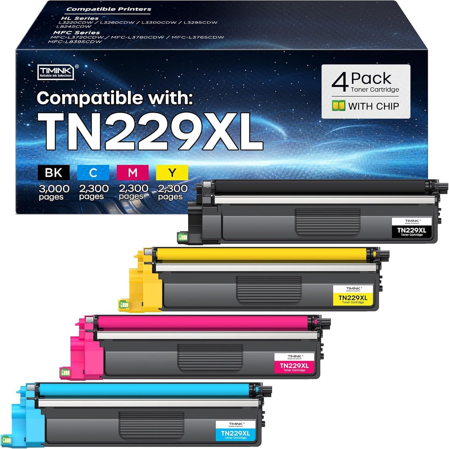 Compatible TN229XL Toner Cartridge Replacement for Brother TN229 XL TN 229XL TN229 Toner Work with Brother HL-L3220CDW MFC-L3720CDW HL-L3280CDW HL-L3300CDW MFC-L3780CDW Printer (BK/C/M/Y-4 Pack)