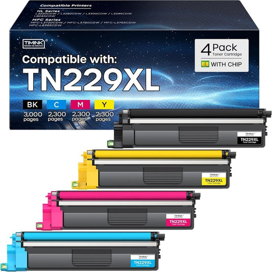 Compatible TN229XL Toner Cartridge Replacement for Brother TN229 XL TN 229XL TN229 Toner Work with Brother HL-L3220CDW MFC-L3720CDW HL-L3280CDW HL-L3300CDW MFC-L3780CDW Printer (BK/C/M/Y-4 Pack)
