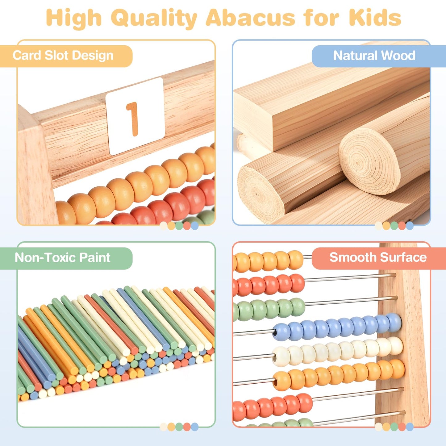 Abacus for Kids Math - Wooden Abacus with 100 Counting Sticks and 112 Math Cards, Counting Toys for Preschool Learning, Educational Math Toys for Developing Fine Motor Skills, Math Calculation