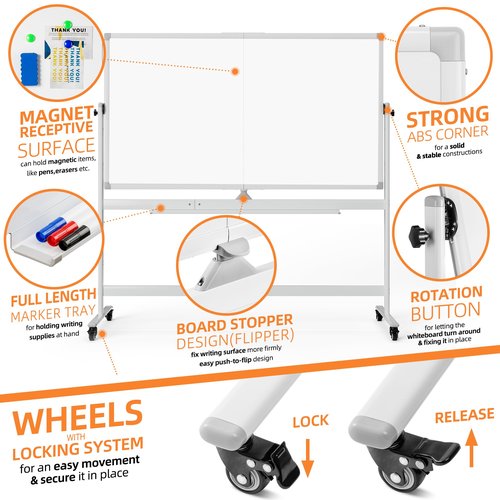 Rolling Whiteboard, 72"x40" White Board with Stands Movable Dry Erase Board on Wheels, Large Double Sided Standing Whiteboard for Office School Classroom Presentation Supplies, Pearl White