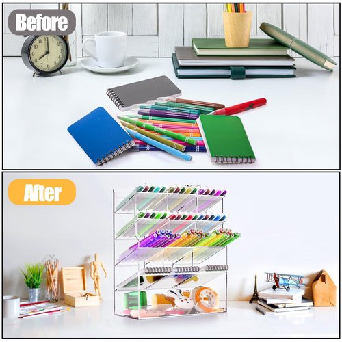 Dicunoy Desktop Pens Organizer, Acrylic Vertical Clear Art Holder for 150 Pens, 13 Compartments Angled Pen Holders for School, Office, Classroom, Stationery
