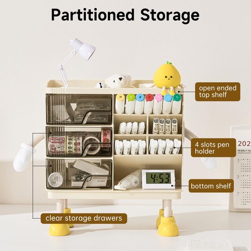 UFORU Desktop Organizer with 3M Adhesive Accessories, 3 Drawer Pencil Holder for Desk with Dividers, Perfect for Office Supplies, Stationery, and Small Items, Beige and Transparent Design