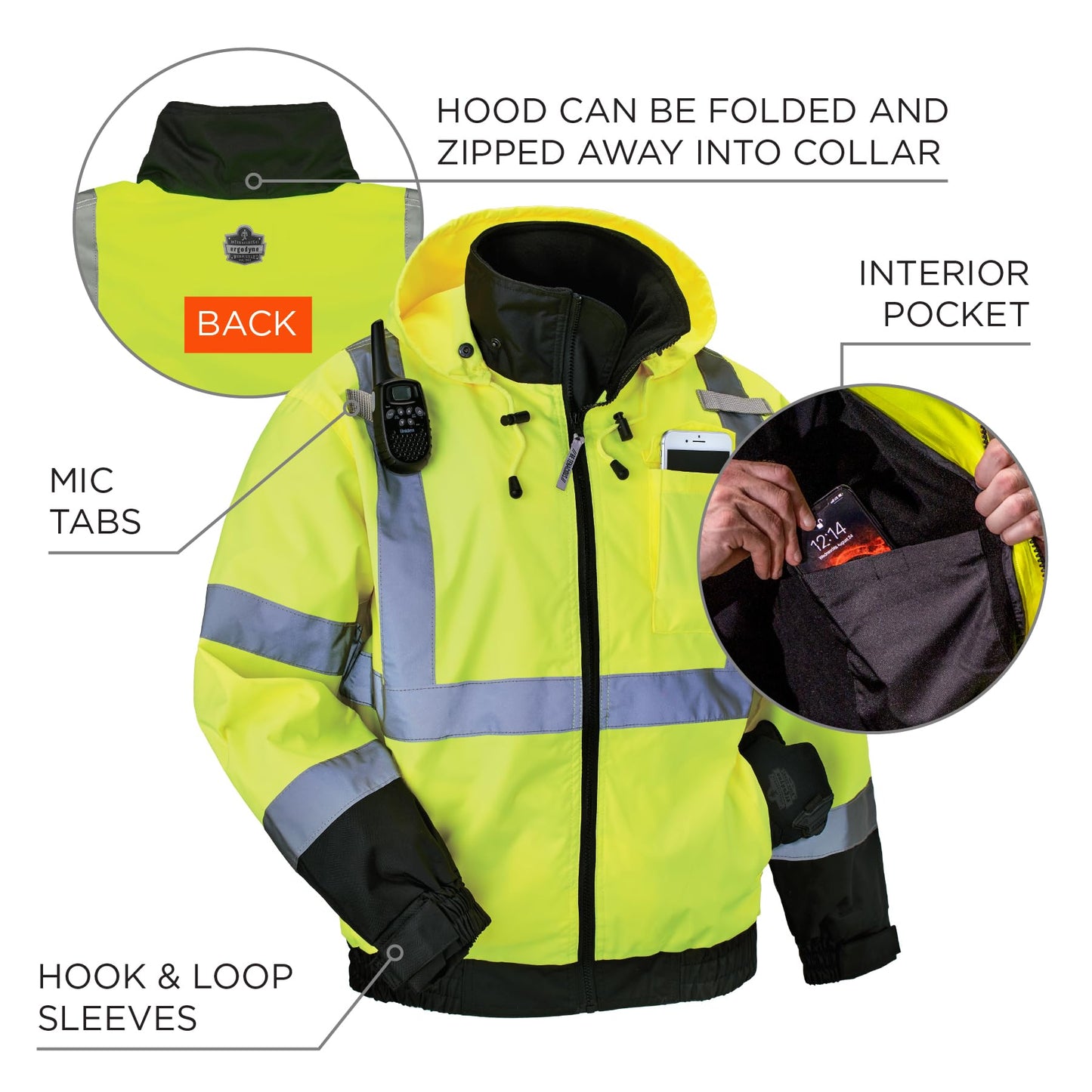 High Visibility Reflective Winter Bomber Jacket, Zip Out Fleece Liner, ANSI Compliant, Ergodyne GloWear 8379
