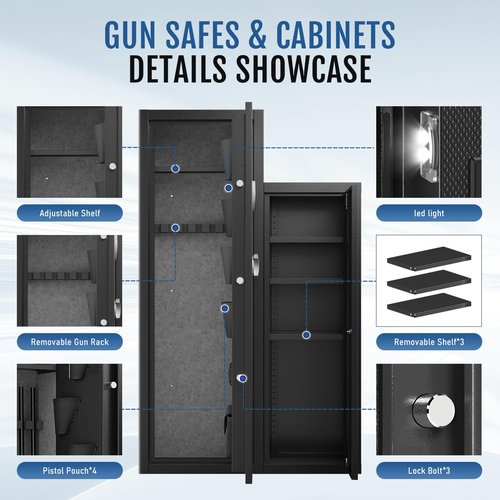 KAER 8-10 Gun Safe, Large Gun Safe for Rifles and Pistols, Quick Access Home Gun Rifle Safe and Storage Gun Locker Cabinet with 4 Pistol Pouches and Removable Shelf for Shotgun, Firearm, Ammo