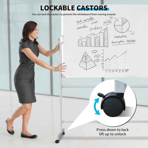 Mobile Double-Sided Whiteboard 48" x 36" with Stand, Portable Rolling Dry Erase Board, Includes 1 Eraser, 2 Markers, 4 Magnetic Pins, Aluminum Frame for Office, Home, School, Classroom
