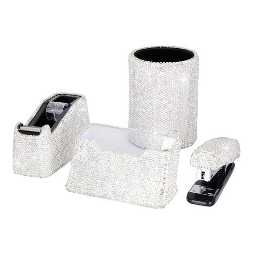 KEYPOWER Bling Crystal Luxury Handmade Diamond Round Pencil Pen Pot Holder & Stapler & Card Holder & Desktop Tape Dispenser Office Stationery Kit for Fashion Girls Women(White)