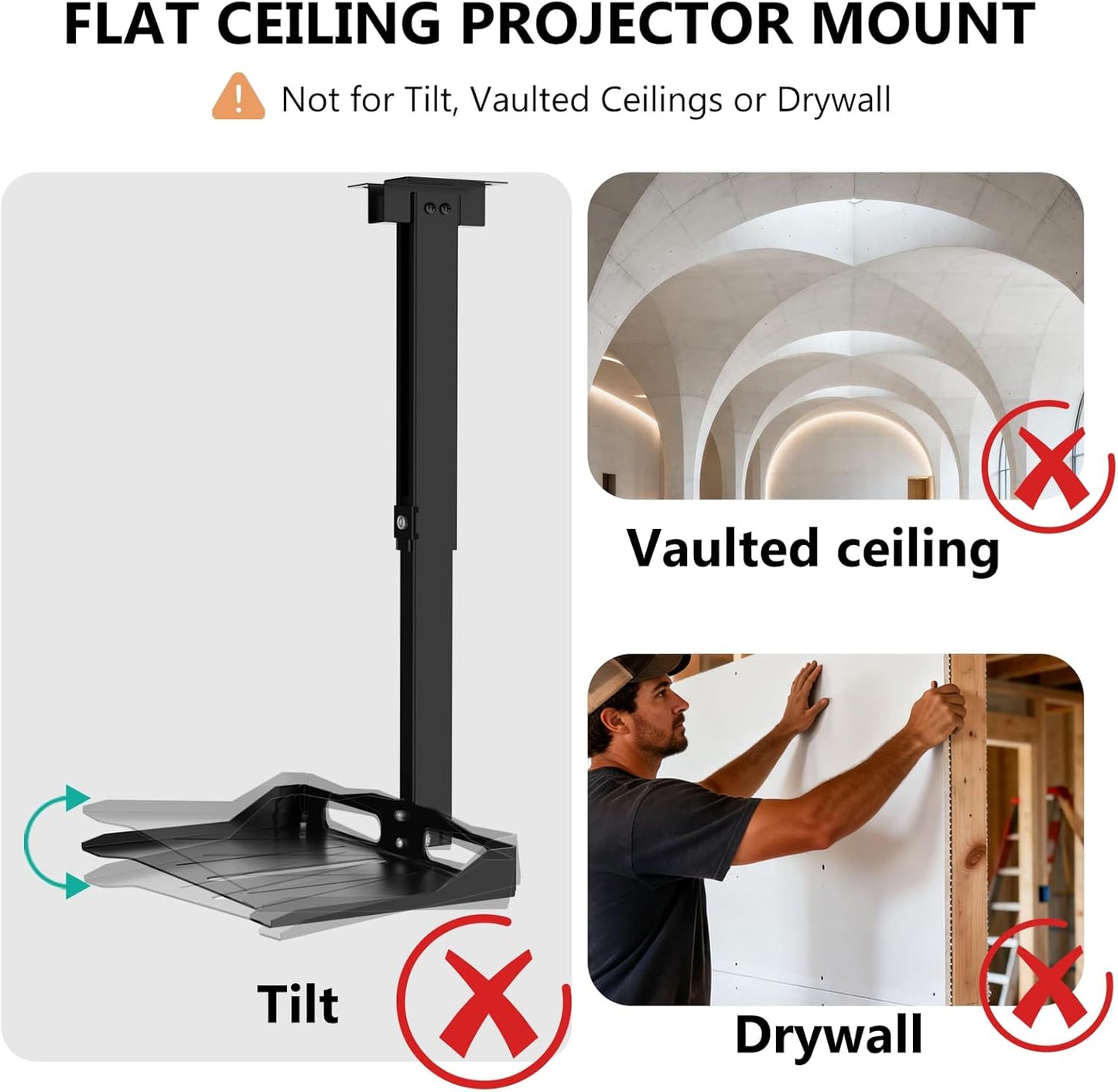 WALI Projector Ceiling Mount Tray - Height Adjustable Holder with Hidden Cable Management | Fits Projectors Up to 22lbs, Black