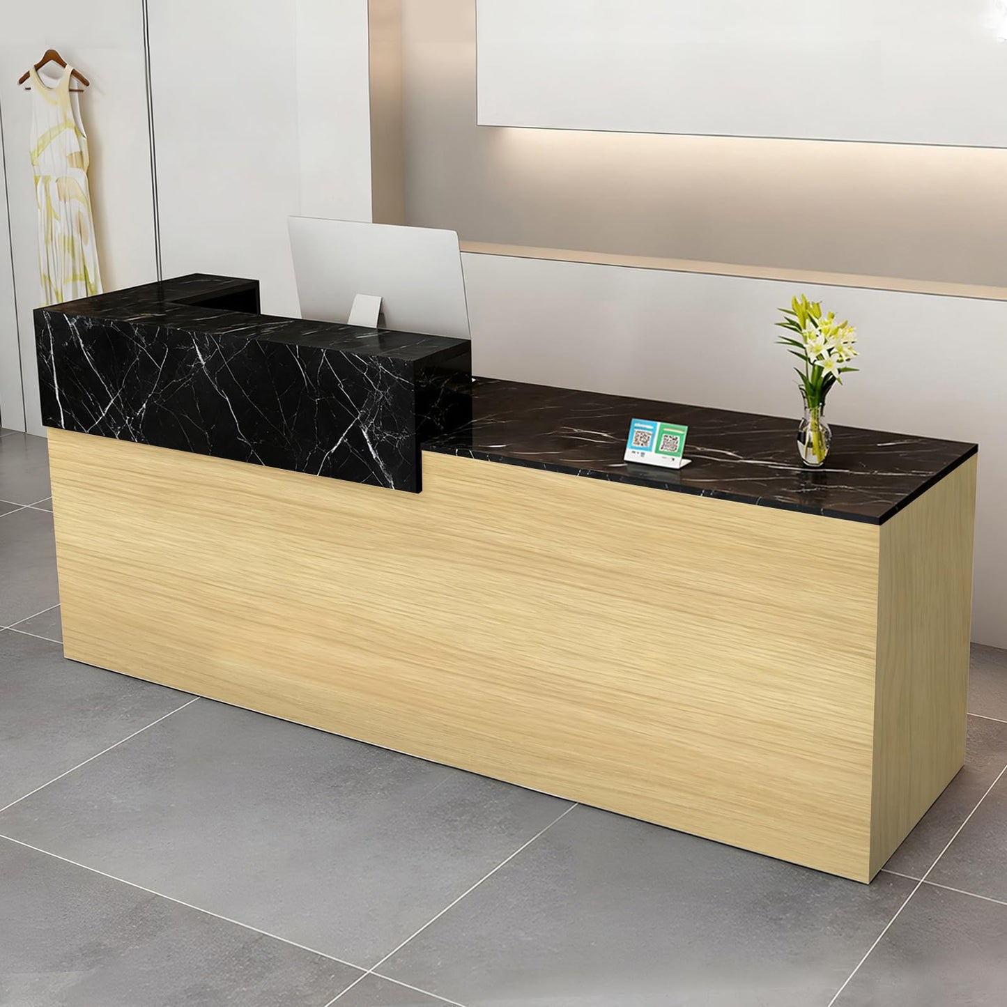 Modern Reception Desk with Drawer & Open Shelves, 39-95 Inch Front Counter Table, Computer Workstation Suitable for Salons, Offices, Lobbies, Retail Stores and Home Offices
