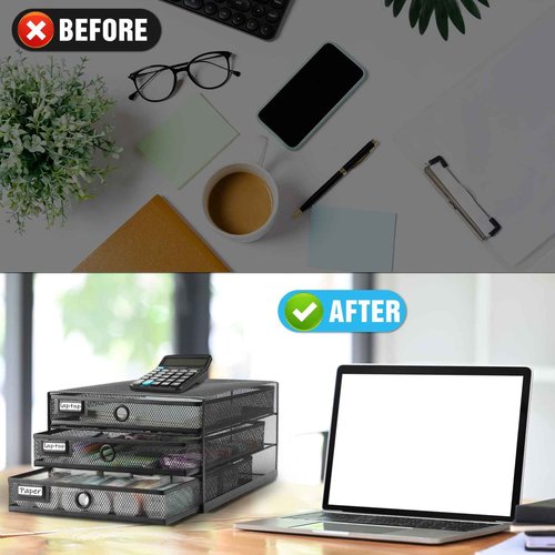 Zhanmai 1 Pack Desk Organizer with Drawer Total 3 Tiers, Wire Mesh Organizers Tray Multifunctional Paper Sorter File Stand for Home Office Supplies Storage Letter A4 Paper Office Accessories (Black)