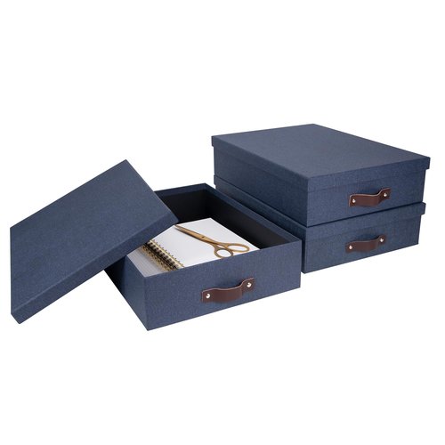Bigso Oskar Canvas Fiberboard Document Letter Box - File Organizer Box for Important Paperwork - Document Storage with a Lid & Leather Handle - 3.3 in x 10.2 in x 13.8 in - Blue