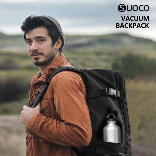 SUOCO Travel Backpack with Vacuum Bag, 60L Seal Compression Air Vac Back Pack with Travel Pump, Carry On Suitcase Luggage Flight Approved for Men Women Personal Item, Black