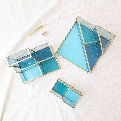FONDAZZA Set of 2 Gold Desk Organizers for Home Office Supplies, Gold Brass and Blue Glass, 1 Each of Rectangle and Triangle Organizer, Storage for Stationery, Cosmetic, Makeup Tools and Brush.