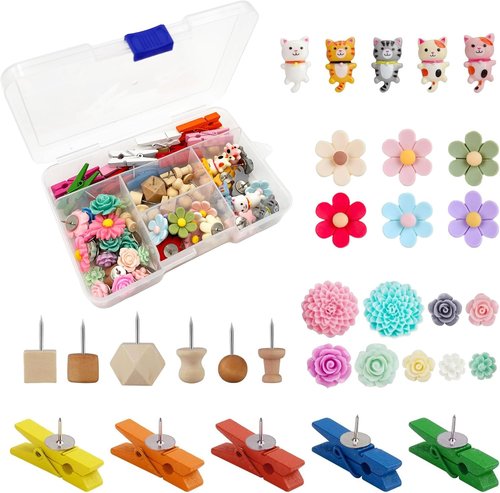 Skiennix 72-Piece Decorative Push Pins - Cute Cat, Flower & Heart Designs for Bulletin Boards | Office & Home Décor