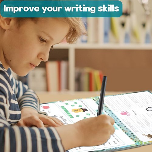 Gisgfim Grooved Cursive Handwriting Workbook - Reusable Guided Tracing for Kids | Includes Disappearing Ink Pens