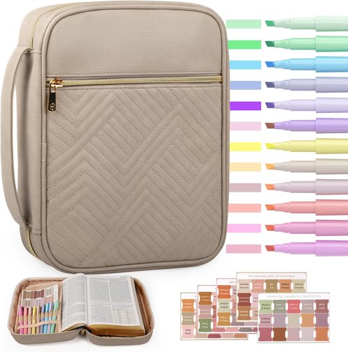 BellaHold Quilted Vegan Leather Bible Cover - Color-Blocked Case with Handle for Women | XL Desert Taupe