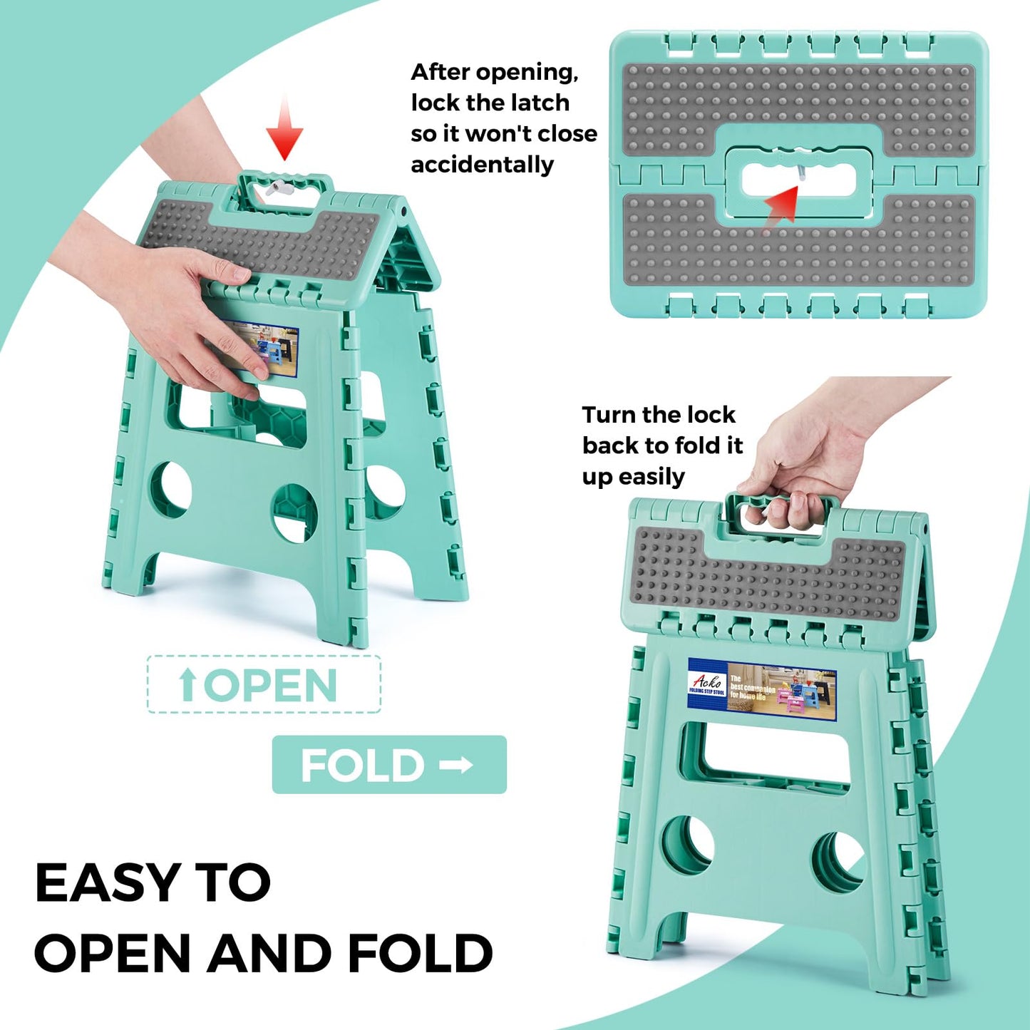 ACKO Folding Step Stool 13 Inch Stool Heavy Duty Plastic Foldable Step Stools for Kids, Stepping Stool with Handle, Suitable for Kitchen Hold Up to 300 LB (Teal 1PC)
