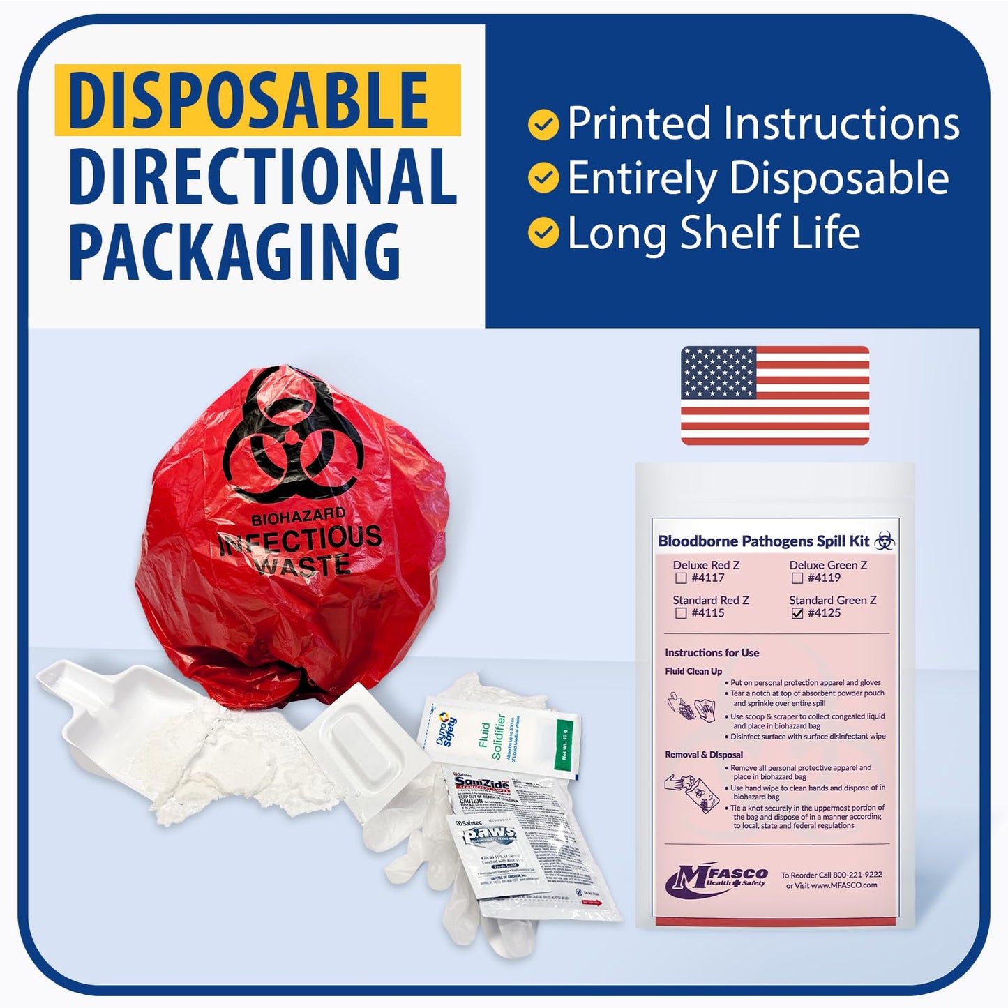 MFASCO Bloodborne Pathogens Spill Kit - Cleaning Bag, Disposable Vomit Clean Up Kit for Restaurants, Safety for Bodily Fluids, Blood, Latex Free, First Aid, Non-Chlorinated Fluid Urine Solidifier